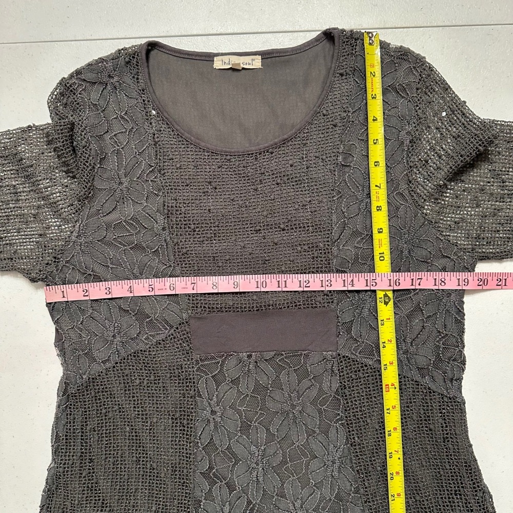 Indigo Soul Mixed Media Floral Lace Mesh Ruffle Hem Tunic Top Gray L - Picture 6 of 7